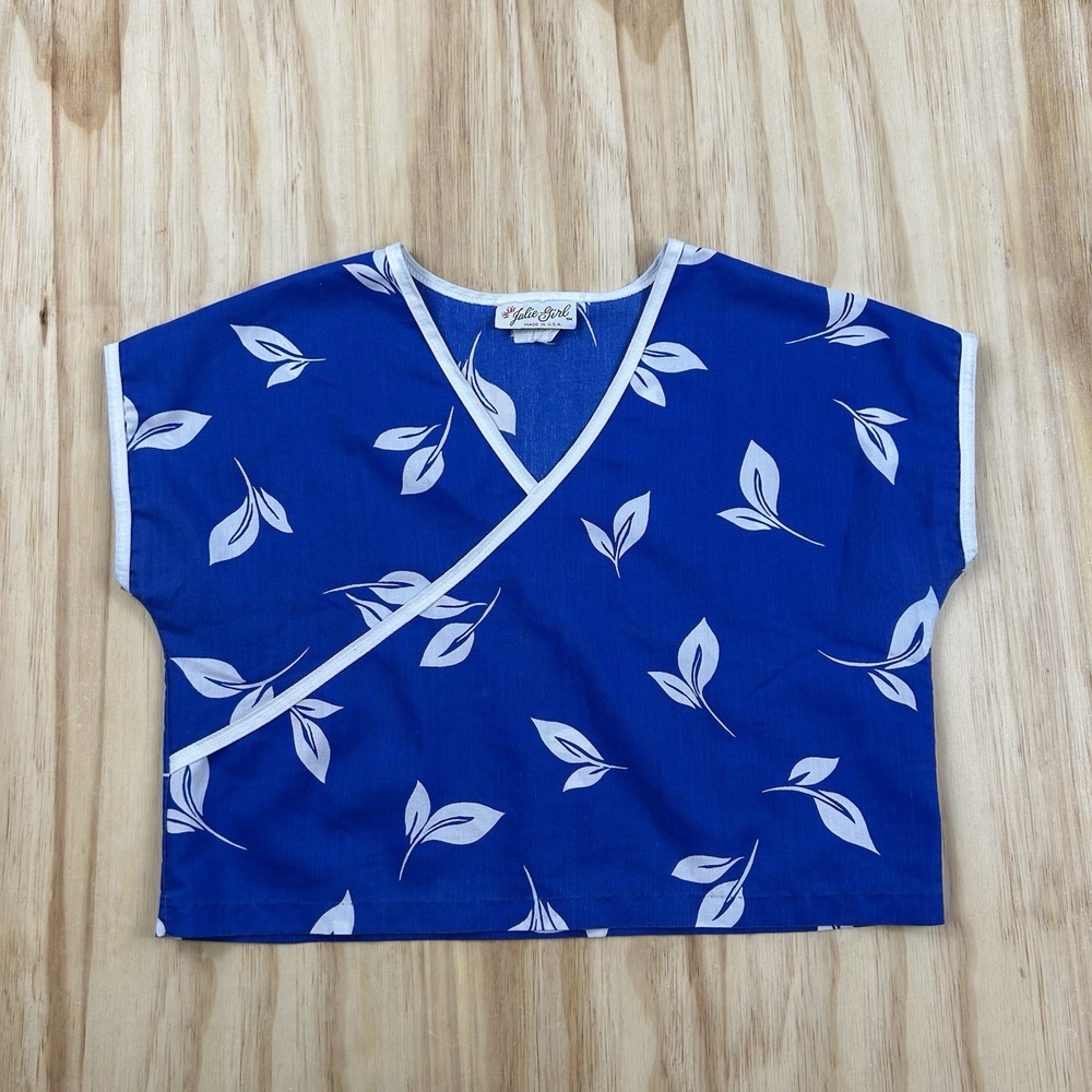 True Vintage 70s Julie Girl Wrap Crop Top Mod Blue White Floral Lead Pattern M